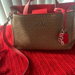 GUESS Red and Tan Shoulder Bag
